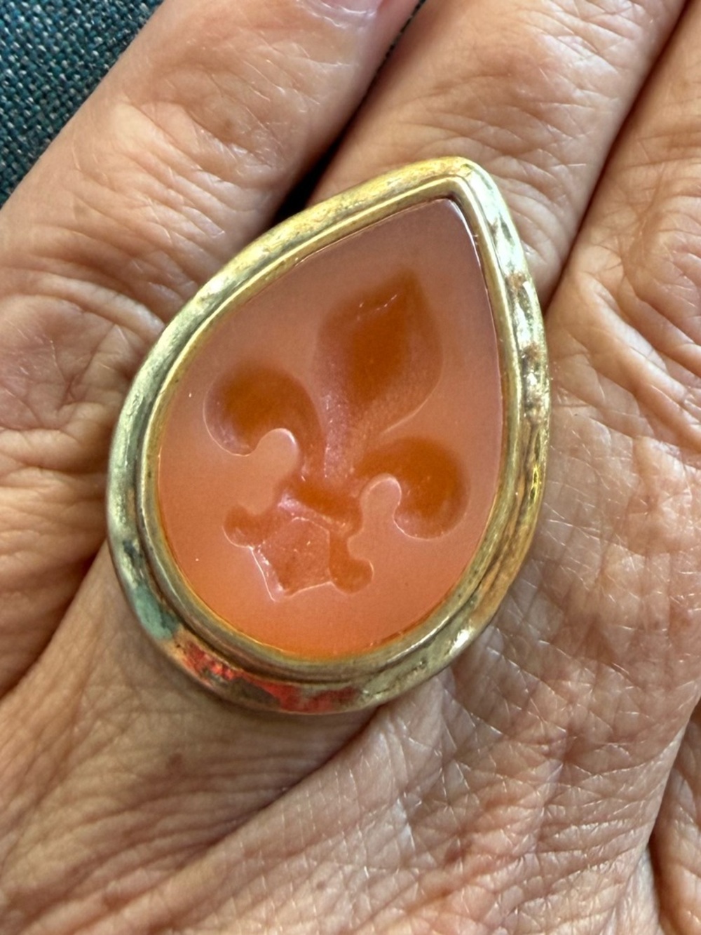 Silpada K&R Brass Teardrop Orange Fleur-de-Lis Statement Ring